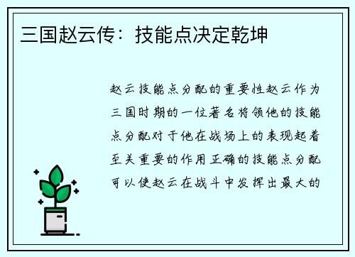 三国赵云传：技能点决定乾坤