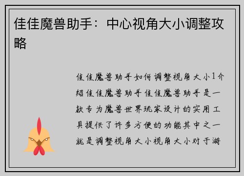 佳佳魔兽助手：中心视角大小调整攻略